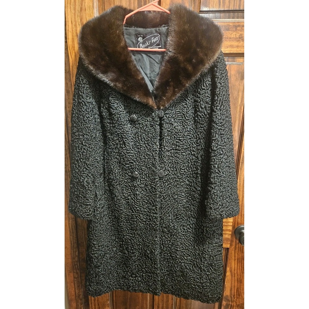 Vintage Persian Lamb Astrakhan Fur Coat Mink Collar Black Swing 50s Trapeze